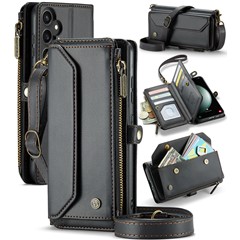 For Samsung Galaxy S23 FE Leather Case CASEME C36 Zipper Multiple Card Slots Phone Cover with Straps - Black