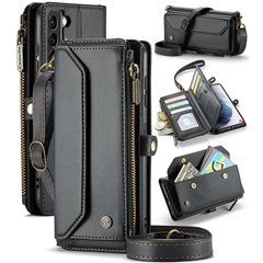 For Samsung Galaxy S21+ 5G Leather Case CASEME C36 Zipper Multiple Card Slots Phone Cover with Straps - Black