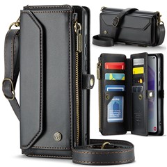 For Samsung Galaxy A55 5G Leather Case CASEME C36 Zipper Multiple Card Slots Phone Cover with Straps - Black