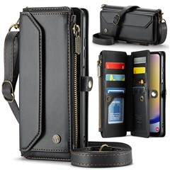 For Samsung Galaxy A25 5G (Global) (161mm) Leather Case CASEME C36 Zipper Multiple Card Slots Phone Cover with Straps - Black