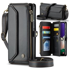 For Samsung Galaxy A22 5G (EU) Leather Case CASEME C36 Zipper Multiple Card Slots Phone Cover with Straps - Black