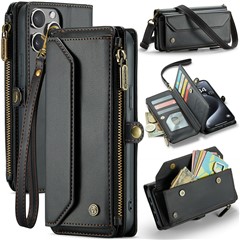 For iPhone 15 Pro Max Leather Case CASEME C36 Zipper Multiple Card Slots Phone Cover with Straps - Black