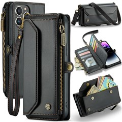 For iPhone 14 Pro Max Leather Case CASEME C36 Zipper Multiple Card Slots Phone Cover with Straps - Black