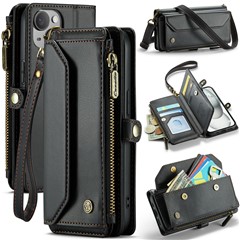 For iPhone 15 Leather Case CASEME C36 Zipper Multiple Card Slots Phone Cover with Straps - Black