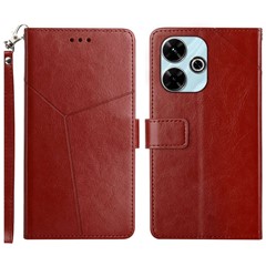 For Xiaomi Redmi 13 5G / 13 4G Case with Wrist Strap Y Shaped Lines Imprint Leather Phone Cover - Brown