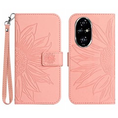 HT04 For Honor 200 Pro 5G Case Sunflower Leather Phone Cover with Hand Strap - Light Pink