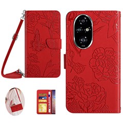 HT03 For Honor 200 5G Case with Shoulder Strap Butterfly Flowers Leather Phone Cover - Red