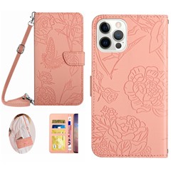 HT03 For iPhone 16 Pro Max Case Butterfly Flowers Leather Phone Cover Magnetic Flip Stand - Pink