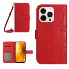 HT04 For iPhone 16 Pro Max Leather Case Sunflower Phone Wallet Cover with Shoulder Strap - Red