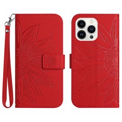 HT04 For iPhone 16 Pro Max Case Sunflower Leather Handbag Flip Phone Cover - Red