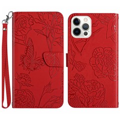 HT03 For iPhone 16 Pro Max Case PU Leather Phone Cover Butterfly Flower Imprinted - Red