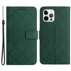 HT06 For iPhone 16 Pro Case Litchi Texture Leather Wallet Rhombus Phone Cover - Green