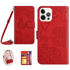 HT03 For iPhone 16 Pro Crossbody Case Wallet Butterfly Flowers Leather Phone Cover - Red