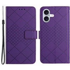 HT06 For iPhone 16 Plus Wallet Case Litchi Texture Rhombus Leather Phone Cover - Dark Purple