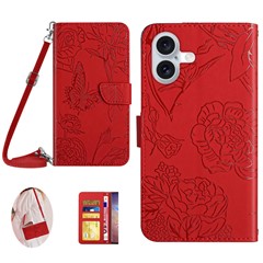 HT03 For iPhone 16 Plus Case Butterfly Flowers Leather Flip Phone Cover Crossbody String - Red