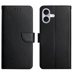 HT02 For iPhone 16 Case Nappa Texture Genuine Cow Leather Flip Phone Cover - Black