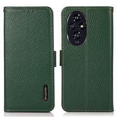 KHAZNEH For Honor 200 Pro 5G Phone Case RFID Blocking Genuine Cow Leather Flip Cover - Green