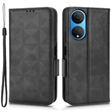 Phone Wallet Case For Honor X7, Triangle Pattern Imprinted PU Leather Drop-proof Flip Cover Stand - Black