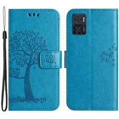 For Motorola Moto E14 4G / G04 4G / G04s 4G / G24 4G Case PU Leather Phone Cover Owl Tree Pattern - Blue