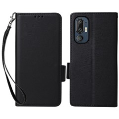 For HTC U24 Pro 5G Case with Wrist Strap Litchi Texture PU Leather Wallet Phone Cover - Black
