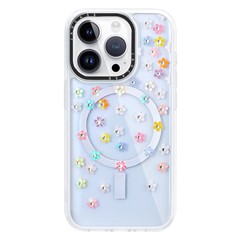 JAUCASE For iPhone 14 Pro Max Case Rhinestone Flower Pattern Phone Cover Compatible with MagSafe - Colorful Flower+White