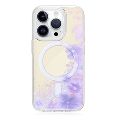 JAUCASE For iPhone 14 Pro Max Case Mirror Surface PC+TPU Phone Cover Compatible with MagSafe - Purple Flower