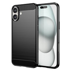 For iPhone 16 Plus Case Brushed Soft TPU Phone Cover Carbon Fiber Texture - Black