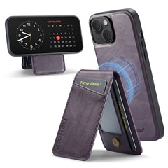 FIERRE SHANN 025 Style For iPhone 15 Plus Case with Detachable Card Holder Kickstand Leather+TPU Phone Cover - Purple