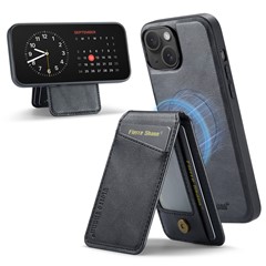 FIERRE SHANN 025 Style For iPhone 14 Plus Case Kickstand Card Slots Leather Back Phone Cover - Black