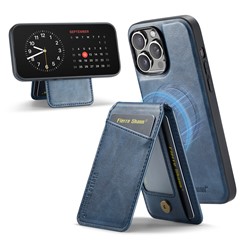 FIERRE SHANN 025 Style For iPhone 14 Pro Case Leather 2 in 1 Detachable Back Cover - Blue