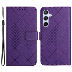 HT06 For Samsung Galaxy S24 FE Case Rhombus Leather Folio Phone Cover - Dark Purple