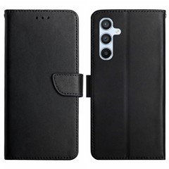 HT02 For Samsung Galaxy S24 FE Case Wallet Genuine Cow Leather Phone Cover Nappa Texture - Black