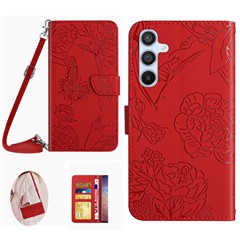 HT03 For Samsung Galaxy S24 FE Case Butterfly Flowers Leather Phone Cover with Shoulder Strap - Red
