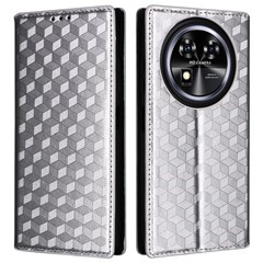 For Oukitel C37 Case 3D Rhombus PU Leather Phone Cover Magnetic Closing - Silver