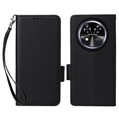 For Oukitel C37 Case with Wrist Strap Litchi Texture PU Leather Wallet Phone Cover - Black