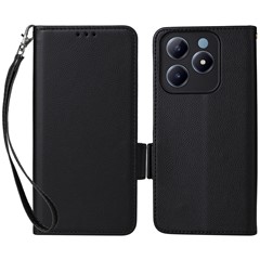 For Realme Note 60x 4G / C63 4G / C61 4G / Narzo N63 4G Case with Wrist Strap Litchi Texture PU Leather Wallet Phone Cover - Black