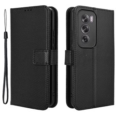 For Oppo Reno12 5G (Global) Case Flip Stand Wallet Diamond Texture Leather Phone Cover - Black