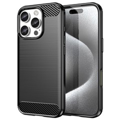 For iPhone 16 Pro TPU Case Brushed Carbon Fiber Texture Phone Cover - Black