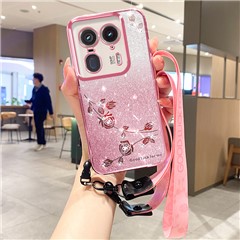 KADEM For Motorola Edge 50 Ultra 5G / Moto X50 Ultra 5G Case Floral Pattern TPU Phone Cover with Lanyard - Rose Gold