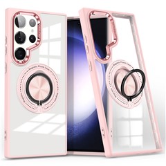 For Samsung Galaxy S23 Ultra Magnetic Case PC+TPU Clear Phone Cover with Ring Kickstand - Pink