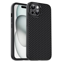 IPAKY For iPhone 15 Plus TPU Case Carbon Fiber Texture Phone Cover Metal Lens Frame - Black