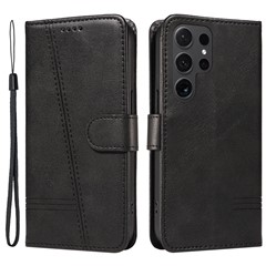 For Samsung Galaxy S24 Ultra Case T-Shaped Lines Leather Wallet Cover - Black