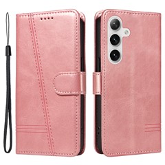 For Samsung Galaxy S25 / S24 Case T-Shaped Lines Wallet Stand Leather Phone Cover - Rose Gold