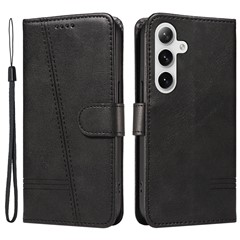 For Samsung Galaxy S23 FE Case Phone Leather Cover T-Shaped Lines Imprint - Black