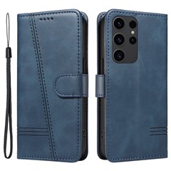 For Samsung Galaxy S23 Ultra Case Leather+TPU Wallet Phone Cover T-Shaped Lines - Blue