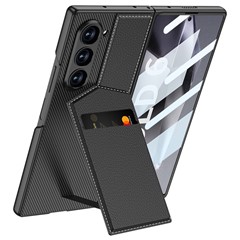 GKK For Samsung Galaxy Z Fold6 5G Phone Case PC+PU Cover with Card Holder Kickstand, Screen Film - Black