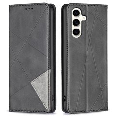 For Samsung Galaxy S24 FE Case Card Slots Leather Phone Cover Rhombus Imprint - Black
