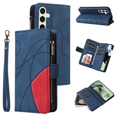 For Samsung Galaxy S24 FE Leather Case with Strap Zipper 9 Card Slot Phone Cover Stand - Blue