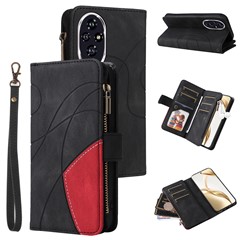 For Honor 200 5G Leather Case with Strap Zipper 9 Card Slot Phone Cover Stand - Black
