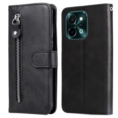 For vivo Y28 4G / iQOO Z9x 5G Case PU Leather Stand Phone Cover with Zipper Pocket - Black